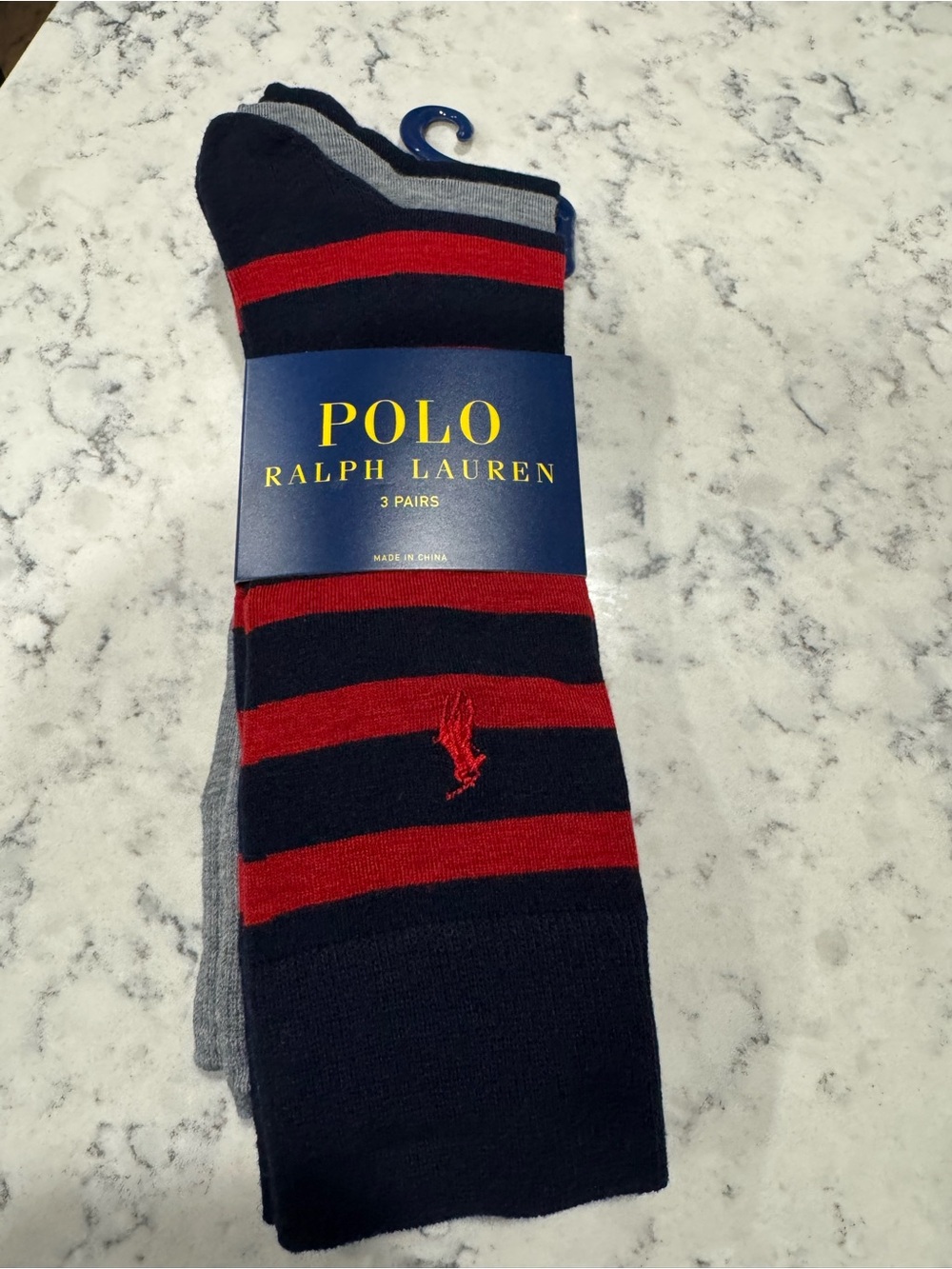 Polo by Ralph Lauren Men's Navy & Red Striped, Gray and Navy Crew Socks 3pack